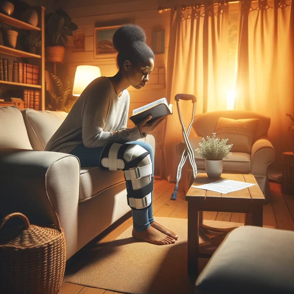 woman with knee surgery reading the bible